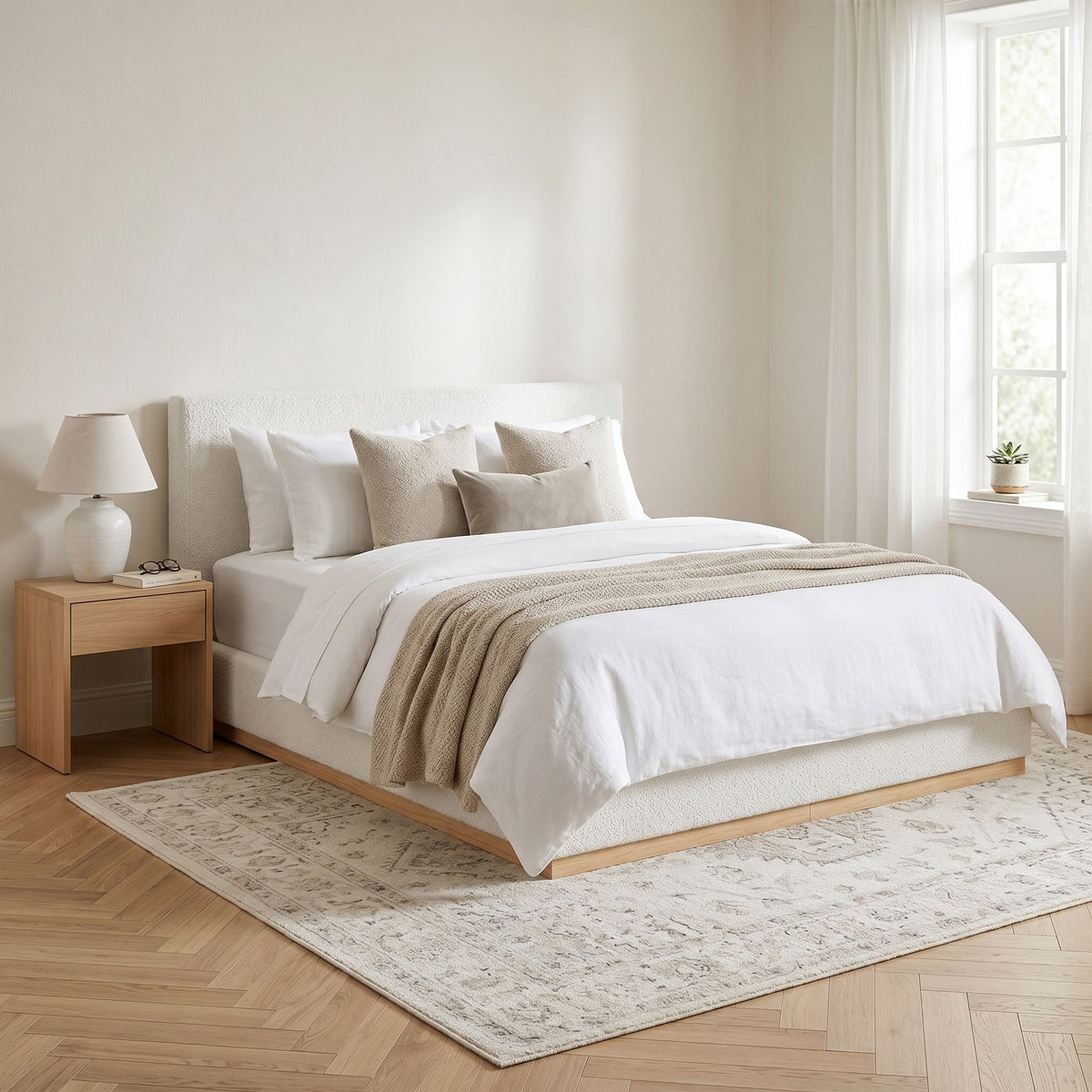 Queen Upholstered Bed - Natural / White