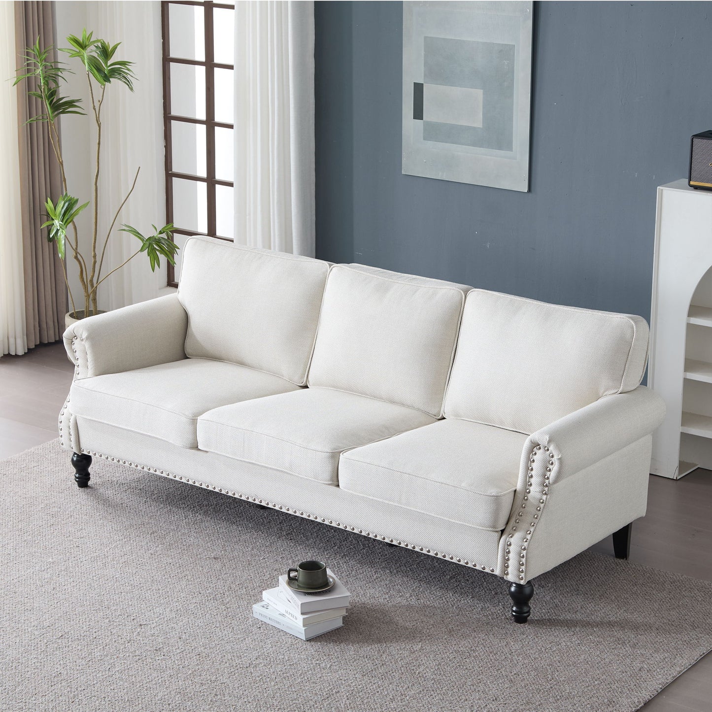 Rolled Arm Sofa With Nailhead Trim With Wooden Legs