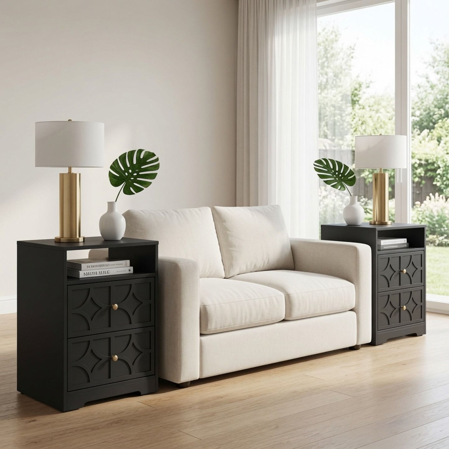 Nightstand With Diamond Carvings Handles, 2 Drawers & Charging Station