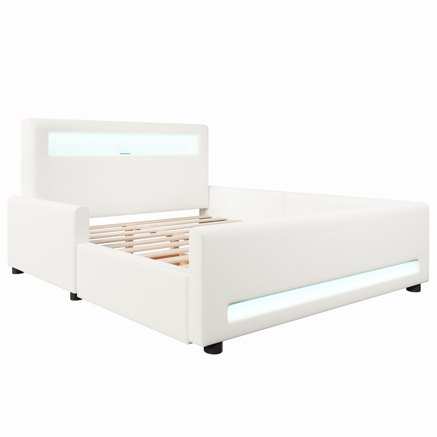 Upholstered Platform Bed With Drawer, LED Light Strip, USB Port