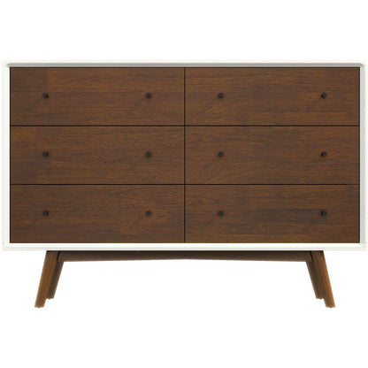 Mid-Century Modern White Dresser 6 Drawer - Dark Brown / White