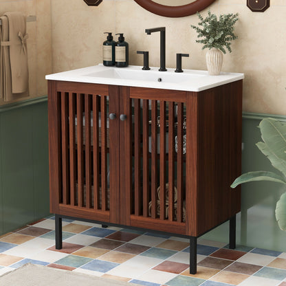 30" Vintage Bathroom Vanity With Ceramic Sink, Modern Bathroom Vanity Cabinet With 2 Soft Close Doors, Equpiied With 4 Sturdy Iron Legs - Antique Dark Brown