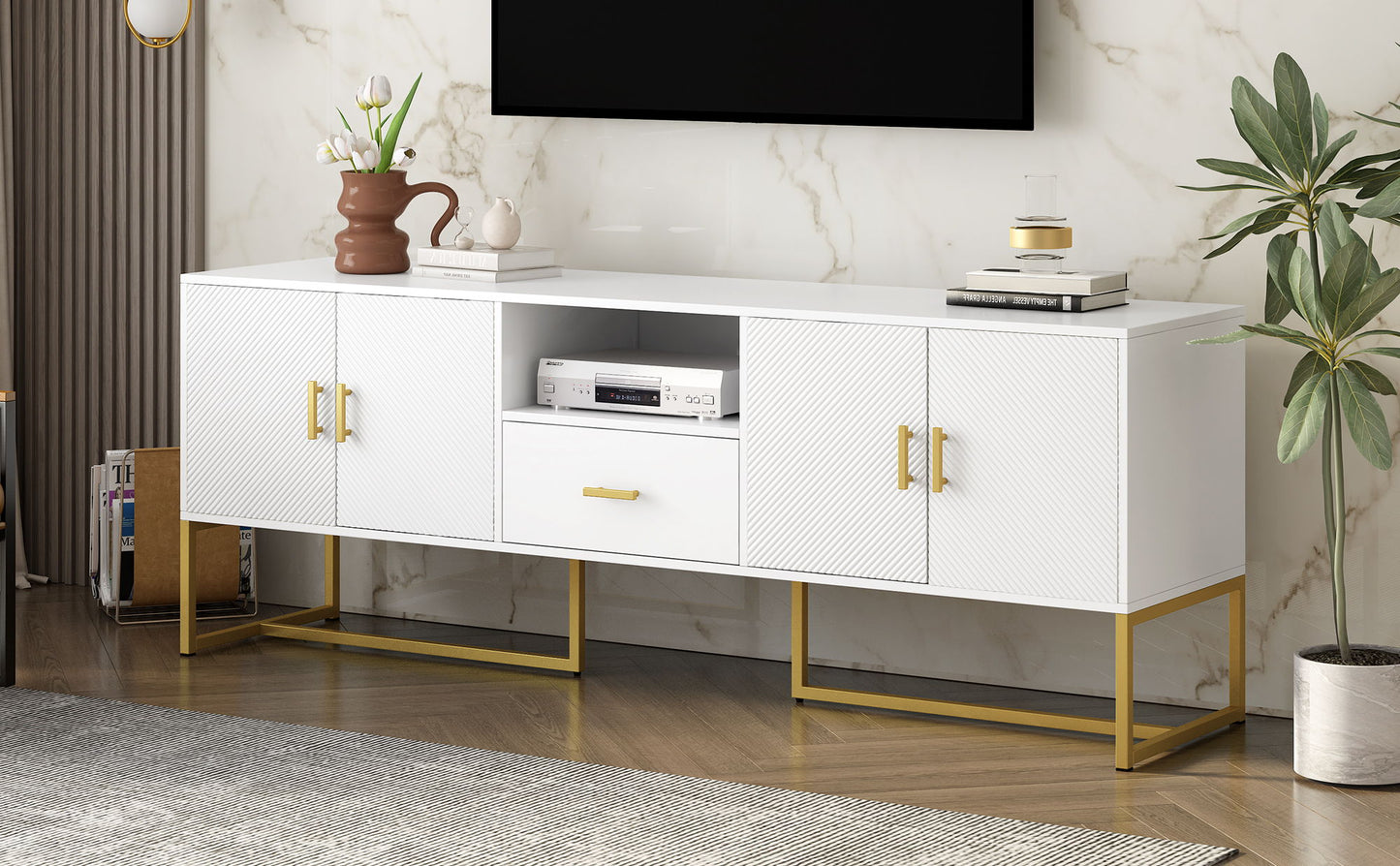 TV Cabinet With 1 Drawer, 2 Cabinets, Handles And Anti-Tip Device