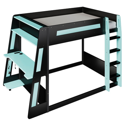 Gaming Bunk Bed With Desk, 2 Storage Shelves, USB And LED Light