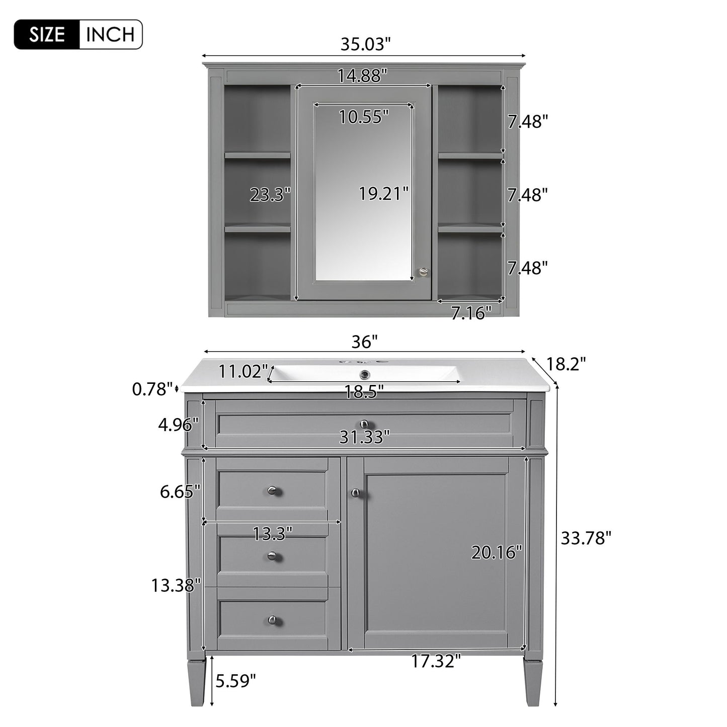 Bathroom Vanity With Mirror Cabinet, Single Sink With 2 Soft Closing Doors And 4 Drawers