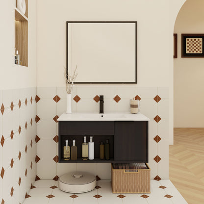 Wall Mounted Floating Bathroom Vanity With Open Shelf & Soft Close Door