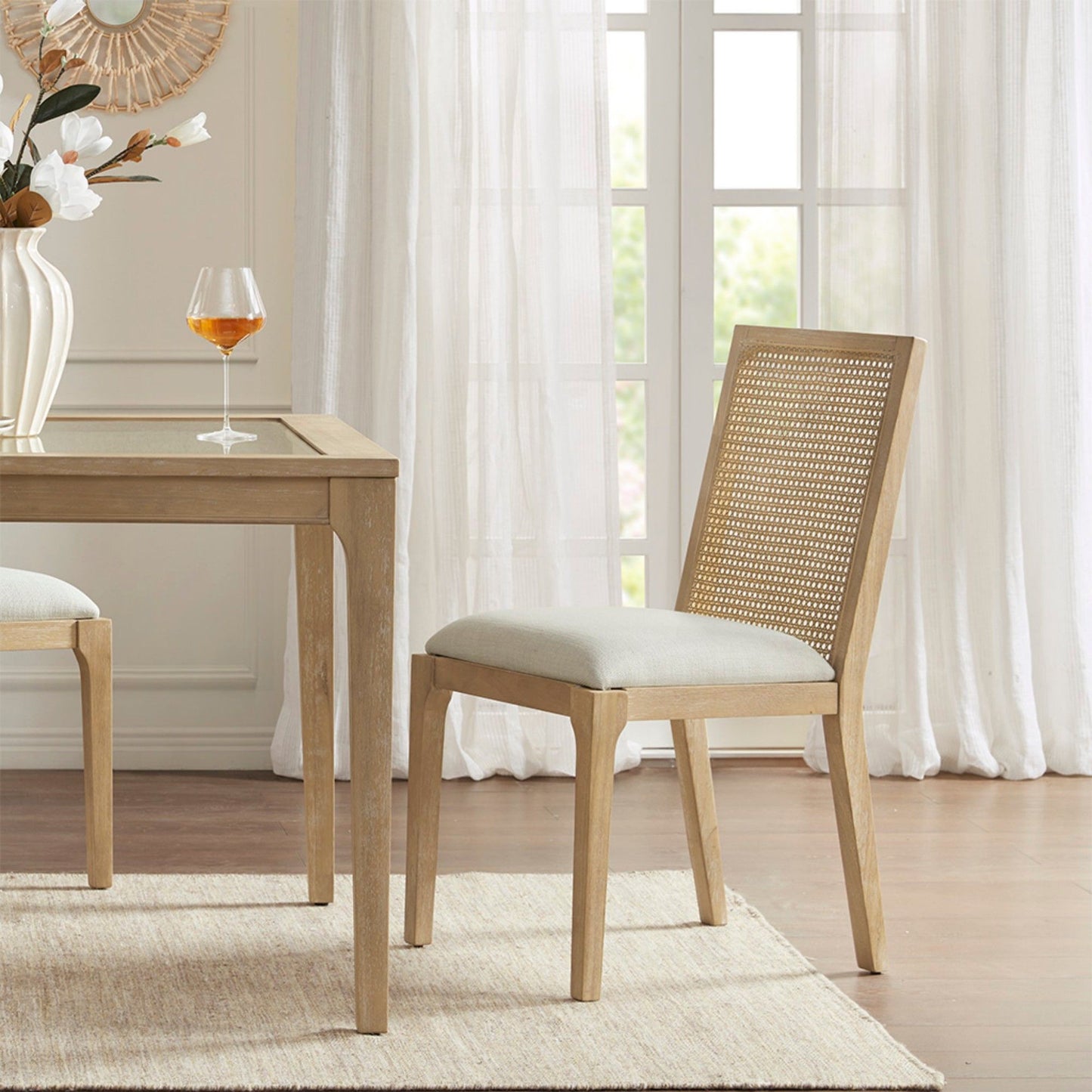 Dining Chair With Synthetic Cane Back And Upholstered Seat (Set of 2) - Natural