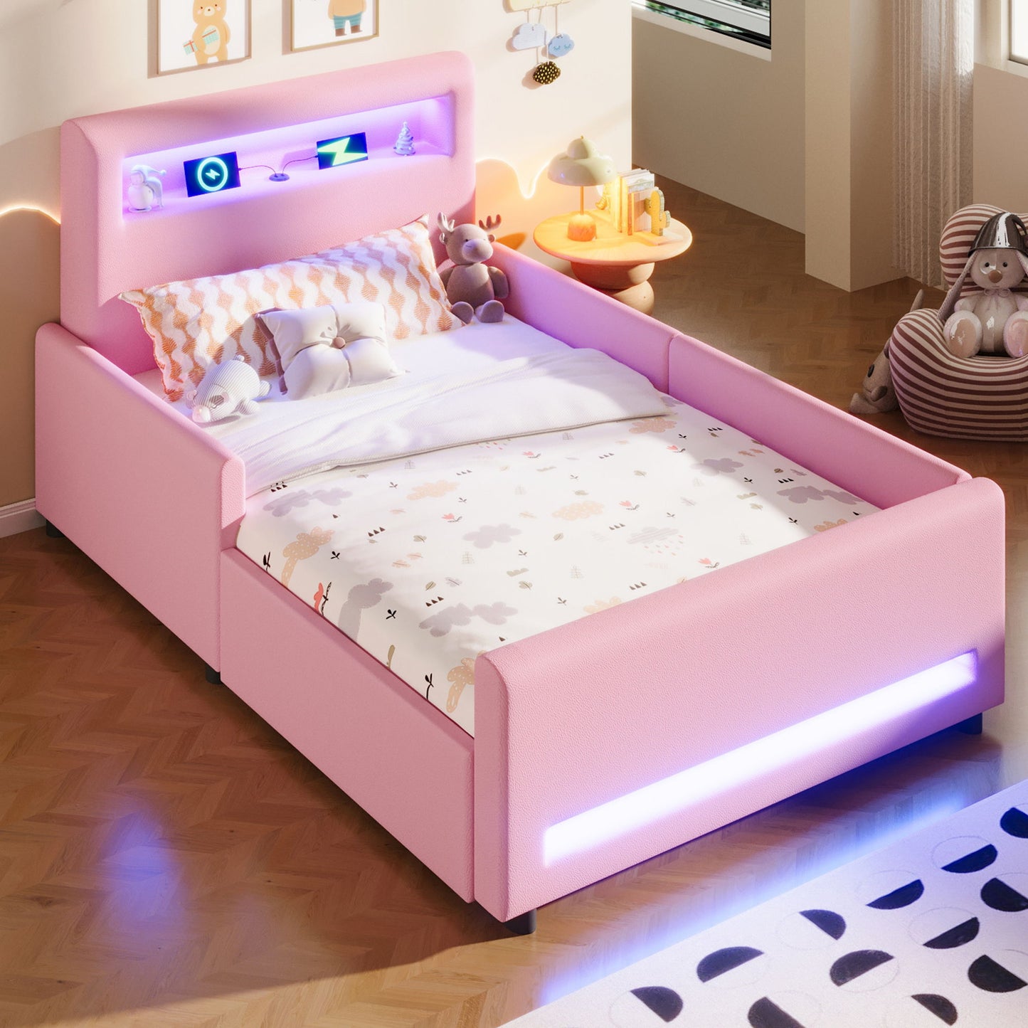 Upholstered Platform Bed With Drawer, LED Light Strip, USB Port