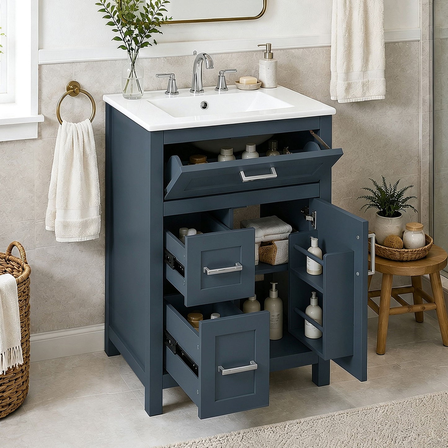 Modern Bathroom Vanity With Sink, Flip Drawer & 2 Drawers, Soft Close Hinges, Adjustable Shelf