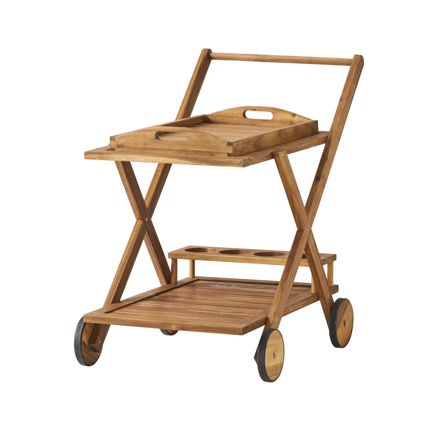 Riviera Bar Cart Stained Mobile With Wheels For Entertaining - Natural Stained
