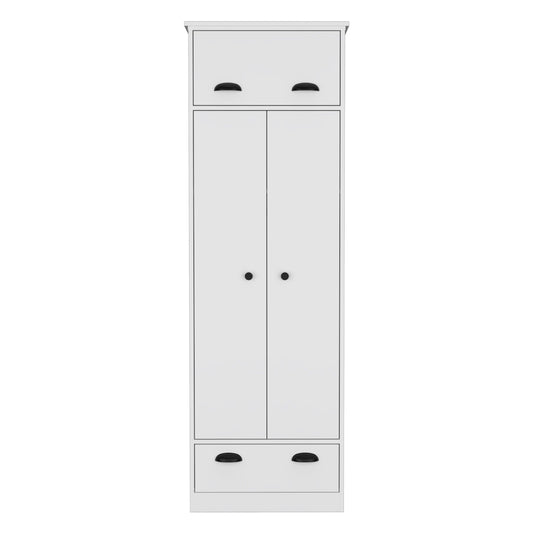 Dresser Closet With Upper Storage Covered With 1 Door, 2 Central Shelves, 1 Tube For Hanging Clothes Covered By 2 Doors, 1 Drawer At The Bottom - White