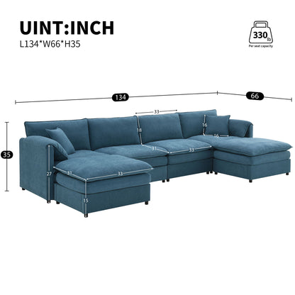 Chenille Modular Sectional Sofa, U Shaped Cloud Couch Set With Double Cushions, 6 Seat Sleeper Sofa Bed With Ottomans, Oversized Indoor Furniture For Living Room