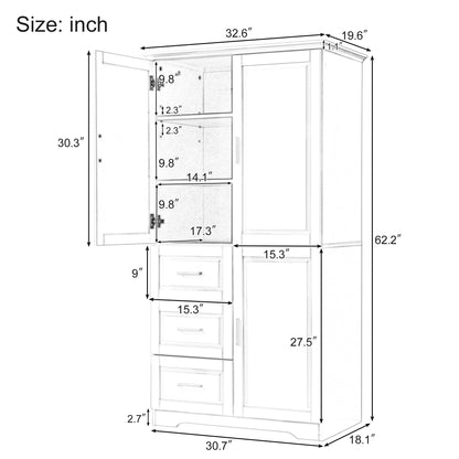 Tall Wide Storage Cabinet With Doors, 3 Drawers