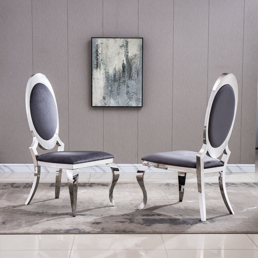 Leatherette Dining Chair With Oval Backrest (Set of 2), Stainless Steel Legs - Silver Frame