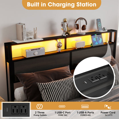 Bed Frame With Headboard, LED Lights & Charging Station