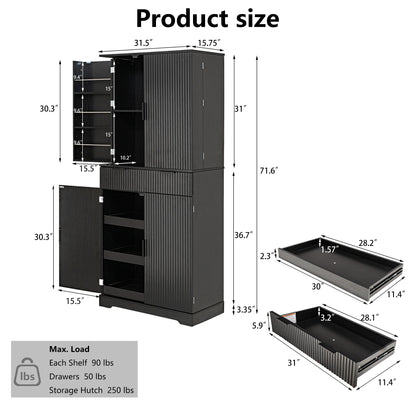 Fluted Kitchen Pantry Cabinet With 3 Keyboard Drawers & 6 Adjustable Door Shelves