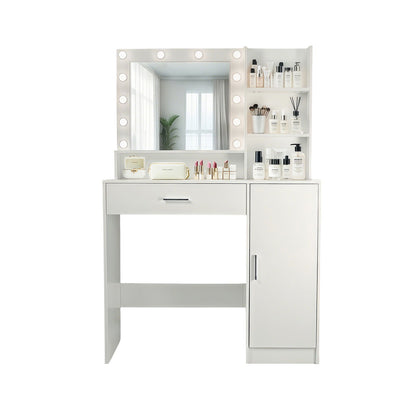 Vanity Desk With Mirror And Adjustable LED Lights, 3 Lighting Modes, Drawer And Storage Cabinet - White