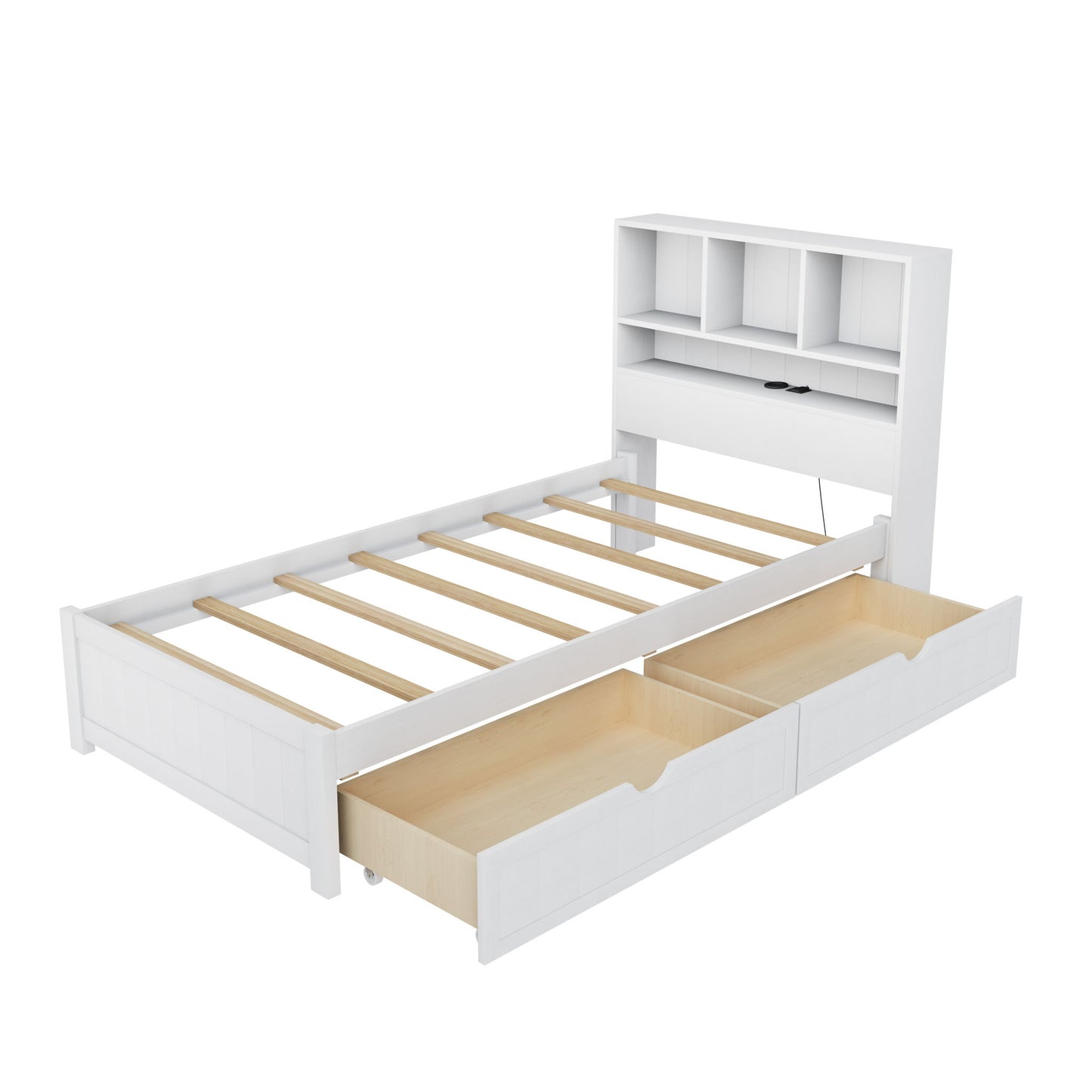 Platform Bed With Bookcase Headboard, Built-In Downlight, Charging Station, And 2 Side Drawers