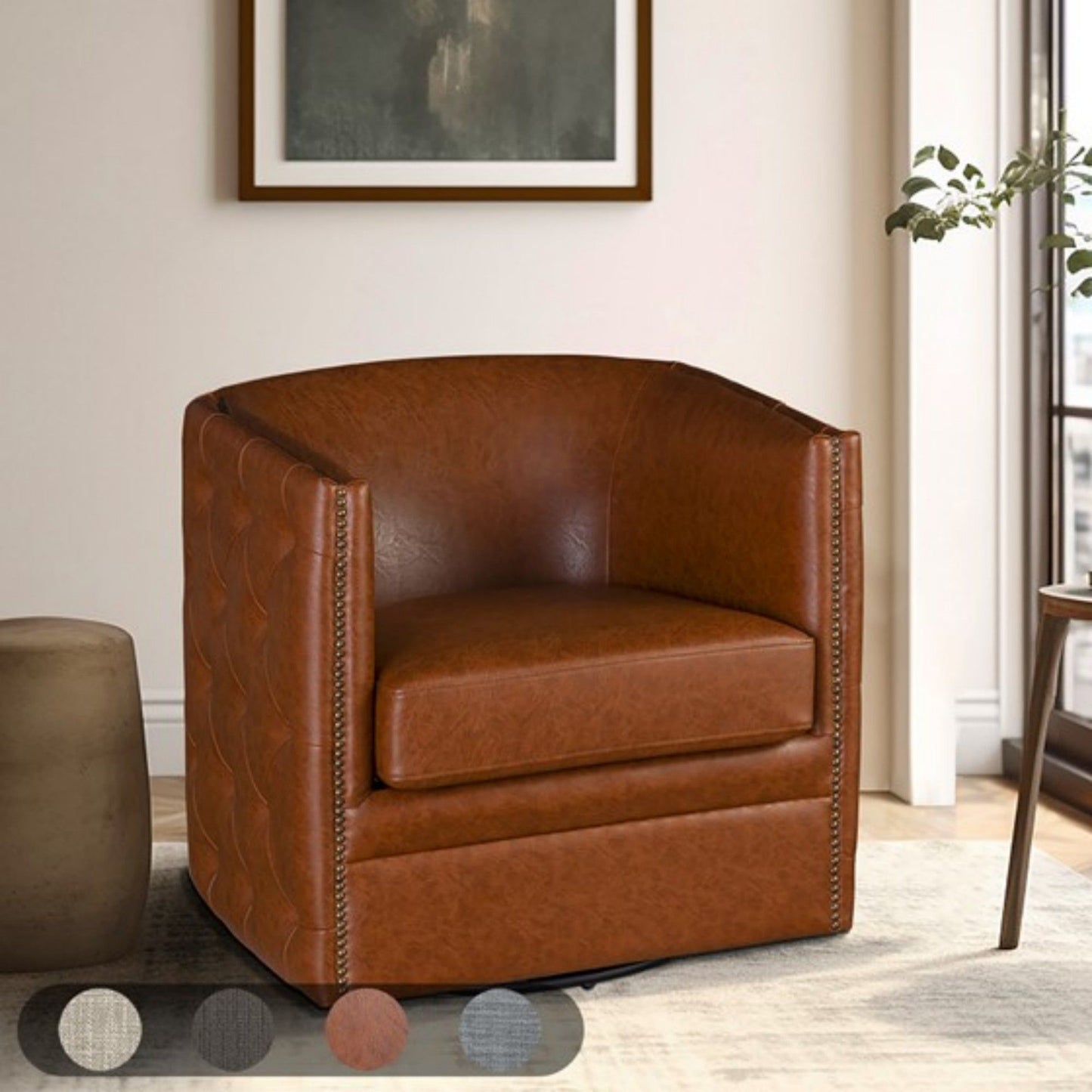 Swivel Chair With Tufted Barrel Design And Nailhead Accents