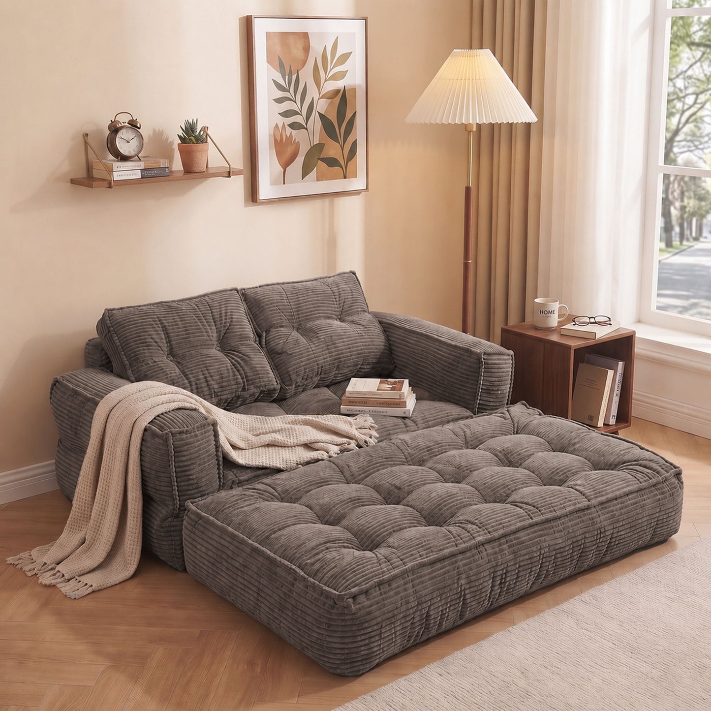 2 Seater Modular Corduroy Sofa With Chaise Lounge For Living Room