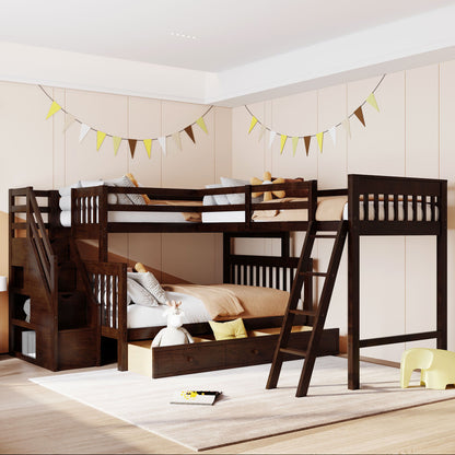 Solid L Shaped Bunk Bed With 3 Drawers, Ladder And Staircase