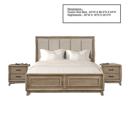 3 Piece Bedroom Set With Padded Headboard, 2 Nightstands