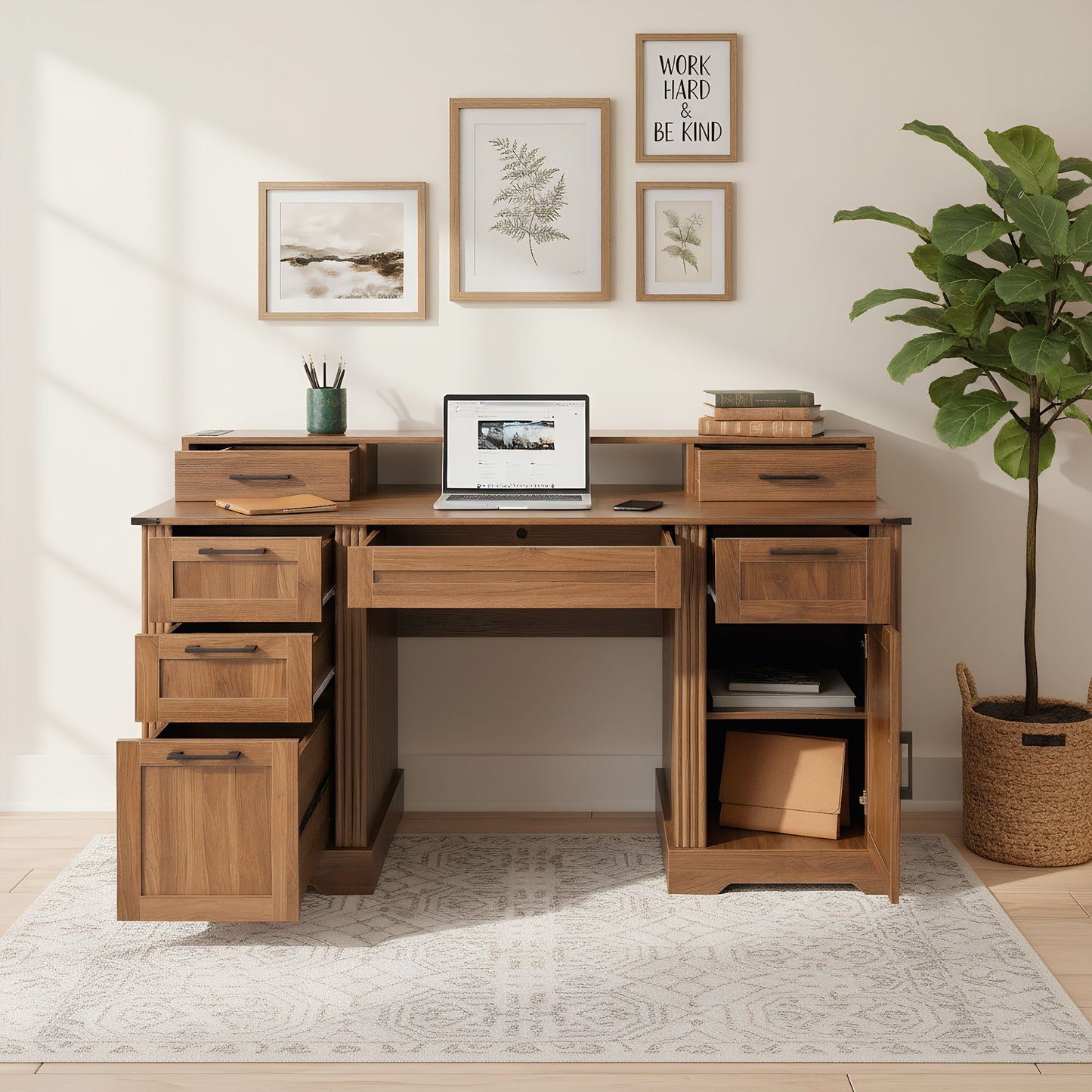 Office Desk With Charging Station & Storage Cabinet