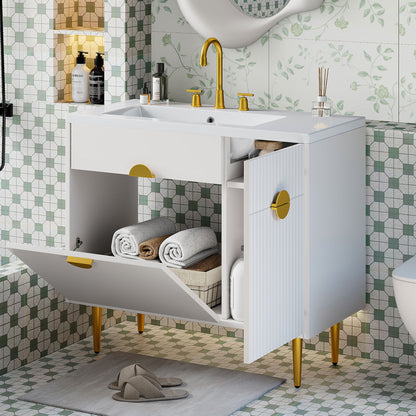 Bathroom Vanity With Sink, Storage Cabinet Soft Closing Door And Drop Down Compartment - White
