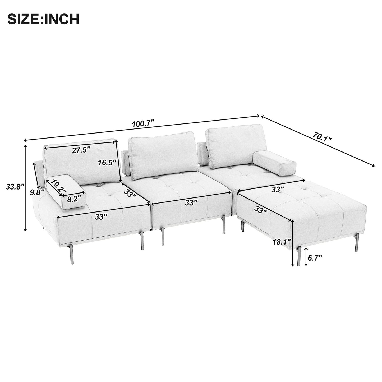 L-Shape Sectional Sofa 3 Seater Couches With A Removable Ottoman, Comfortable For Living Room