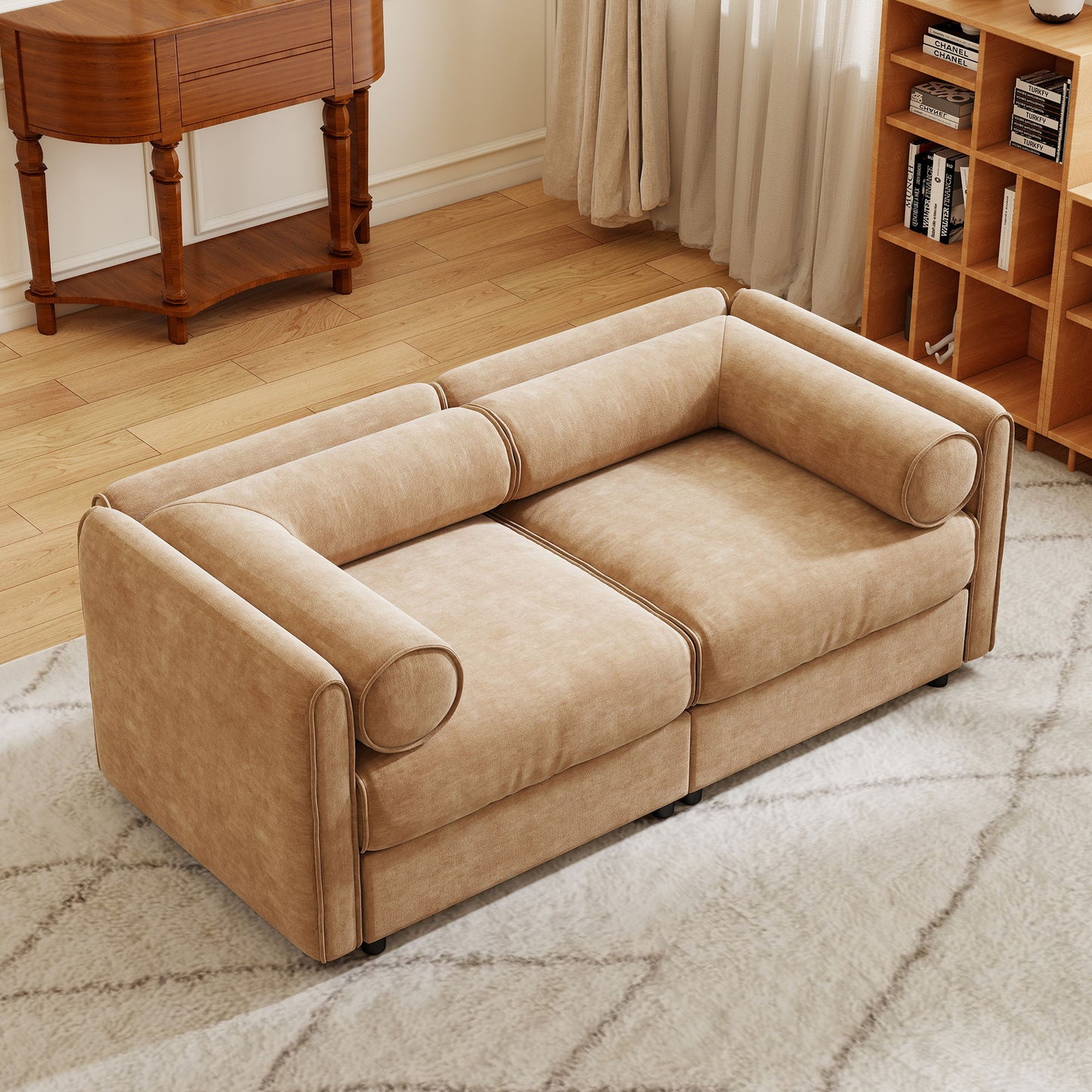 Stylish Chenille Sofa With Storage Seat And Cylindrical Backrest