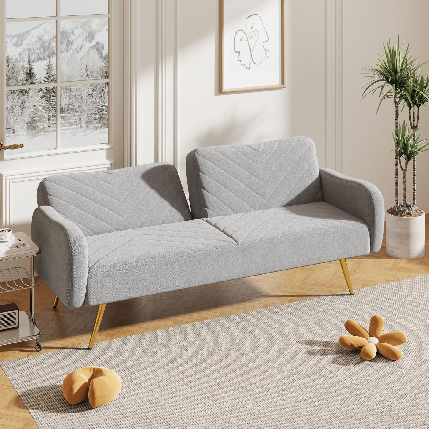 Double Sofa With Split Backrest And Two Throw Pillows, Suitable For Living Room, Apartment, Home Office