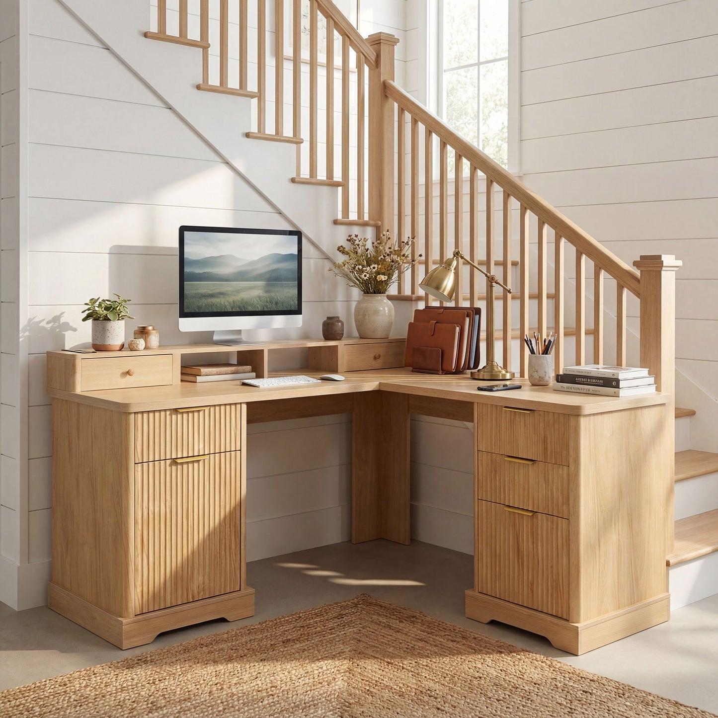Fluted L-Shaped Desk With Charging Station & Storage Cabinet