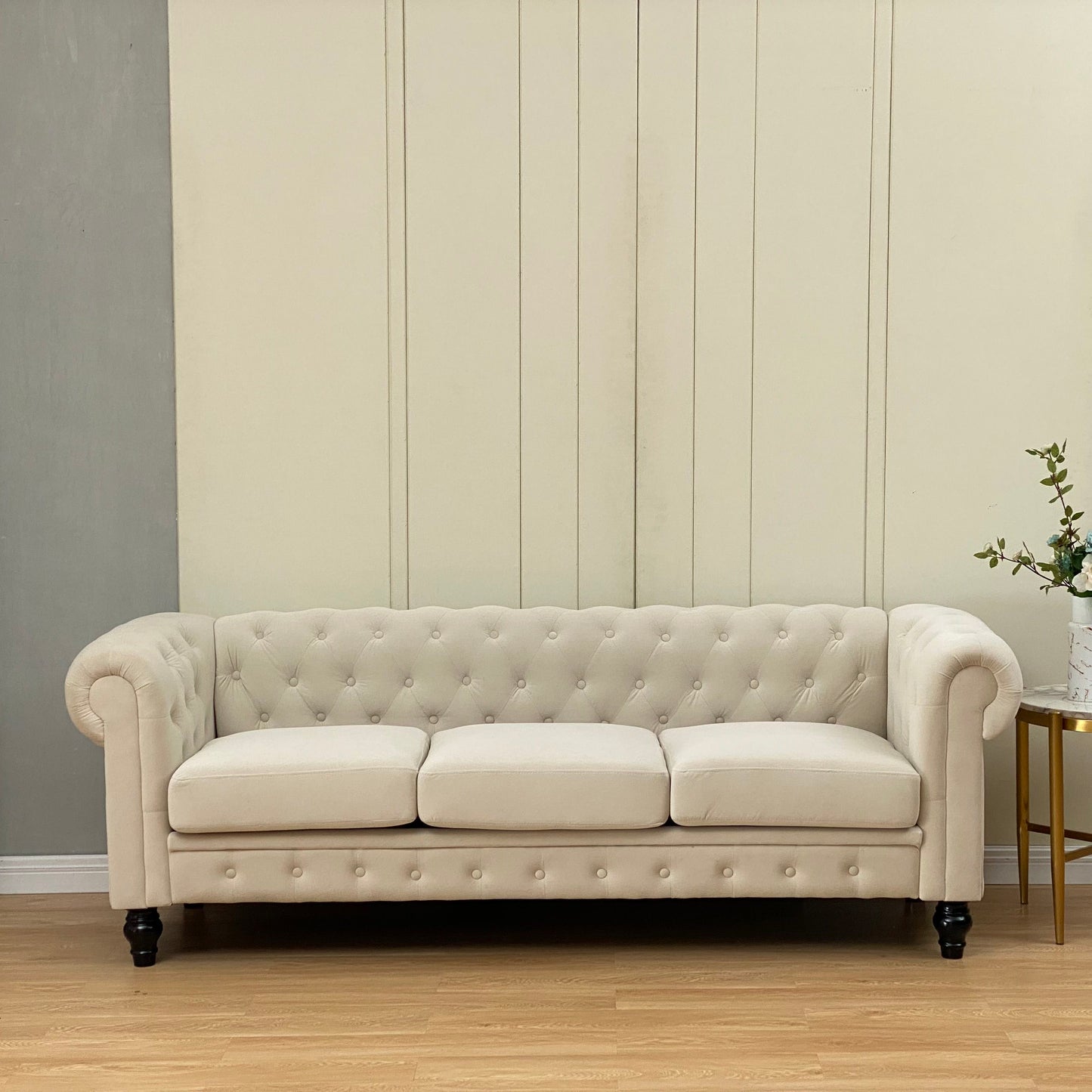 Chesterfield Sofa, 3-Seater Plush Fabric With Tufted Buttons And Wooden Legs, Classic Design - Beige