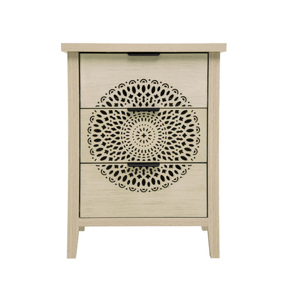 Hollow Carved 3 Drawer Cabinet Dresser Storage Chest With Metal Handles For Living Room Bedroom - Natural