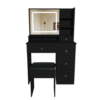 Vanity Desk With Mirror, 3 Color Lighting And Stool