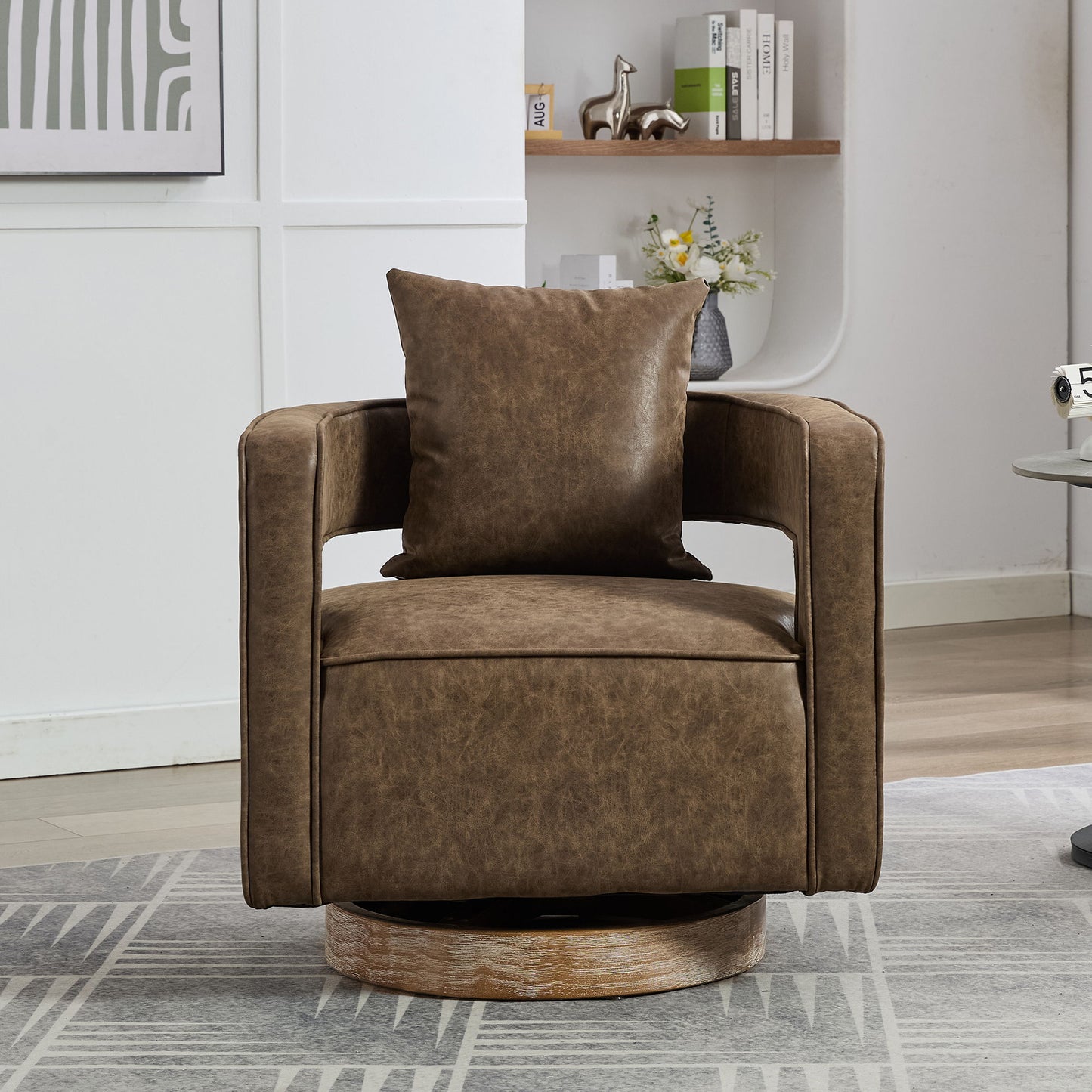 Swivel Accent Open Back Barrel Chair With Weathered Base