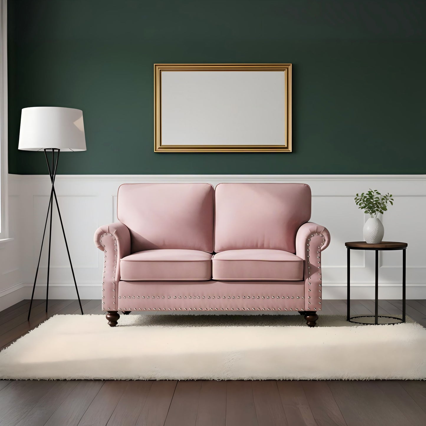 Loveseat Sofa With Nailhead Detail & Turned Legs, 2 Seater Upholstered Couch