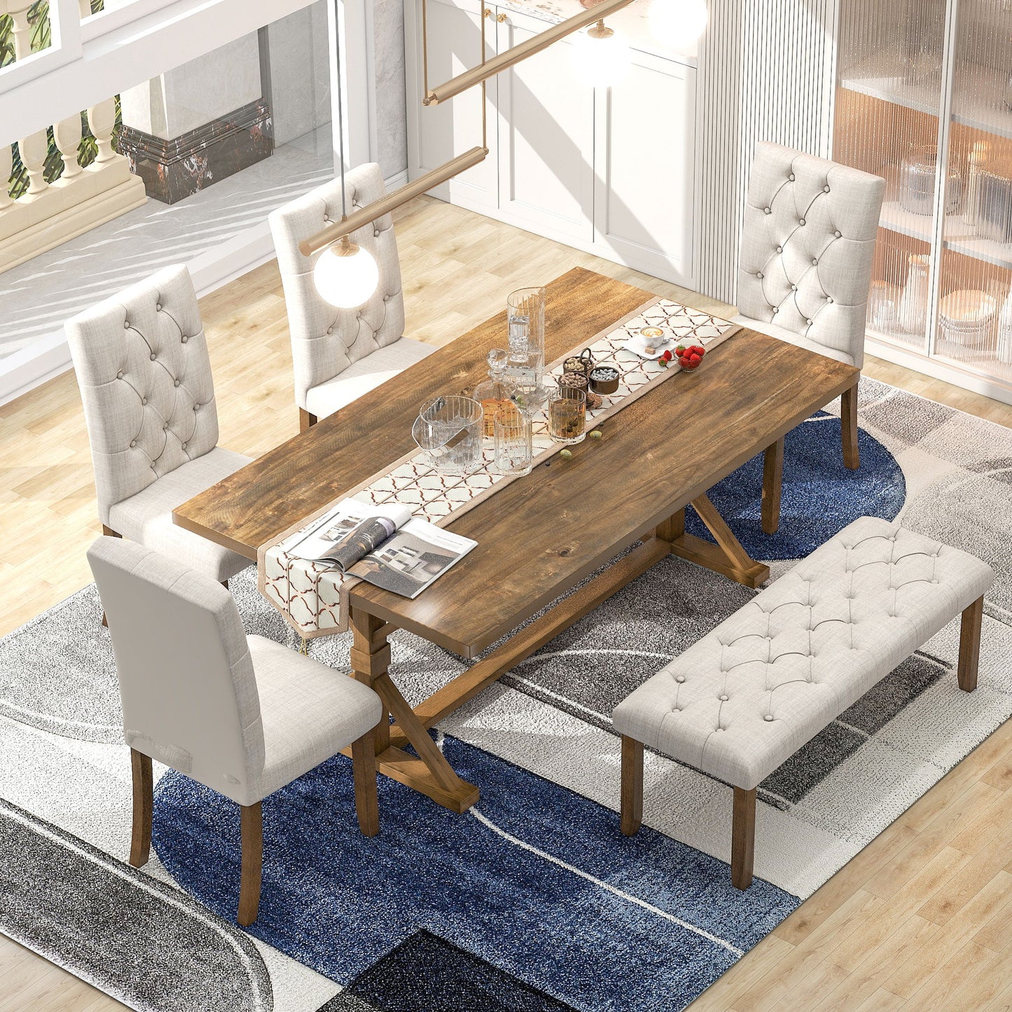 6 Piece Dining Table Set With Rectangular Wood Table, 4 Upholstered Chairs, Bench