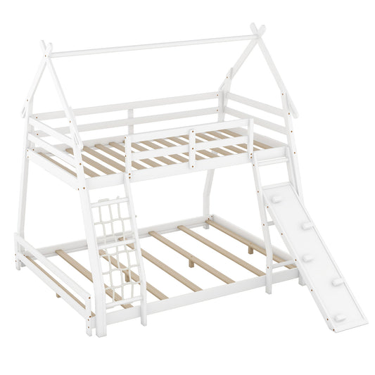 Twin Over Queen House Bunk Bed With Climbing Nets And Climbing Ramp