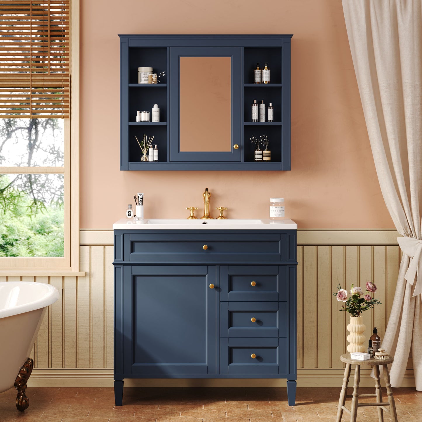Bathroom Vanity With Top Sink, Storage Cabinet With Mirror, 2 Doors, 3 Drawers, 6 Open Shelves
