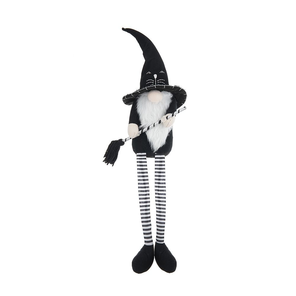 Sitting Gnome With Broomstick & Long Legs, For Halloween Decor - Black White