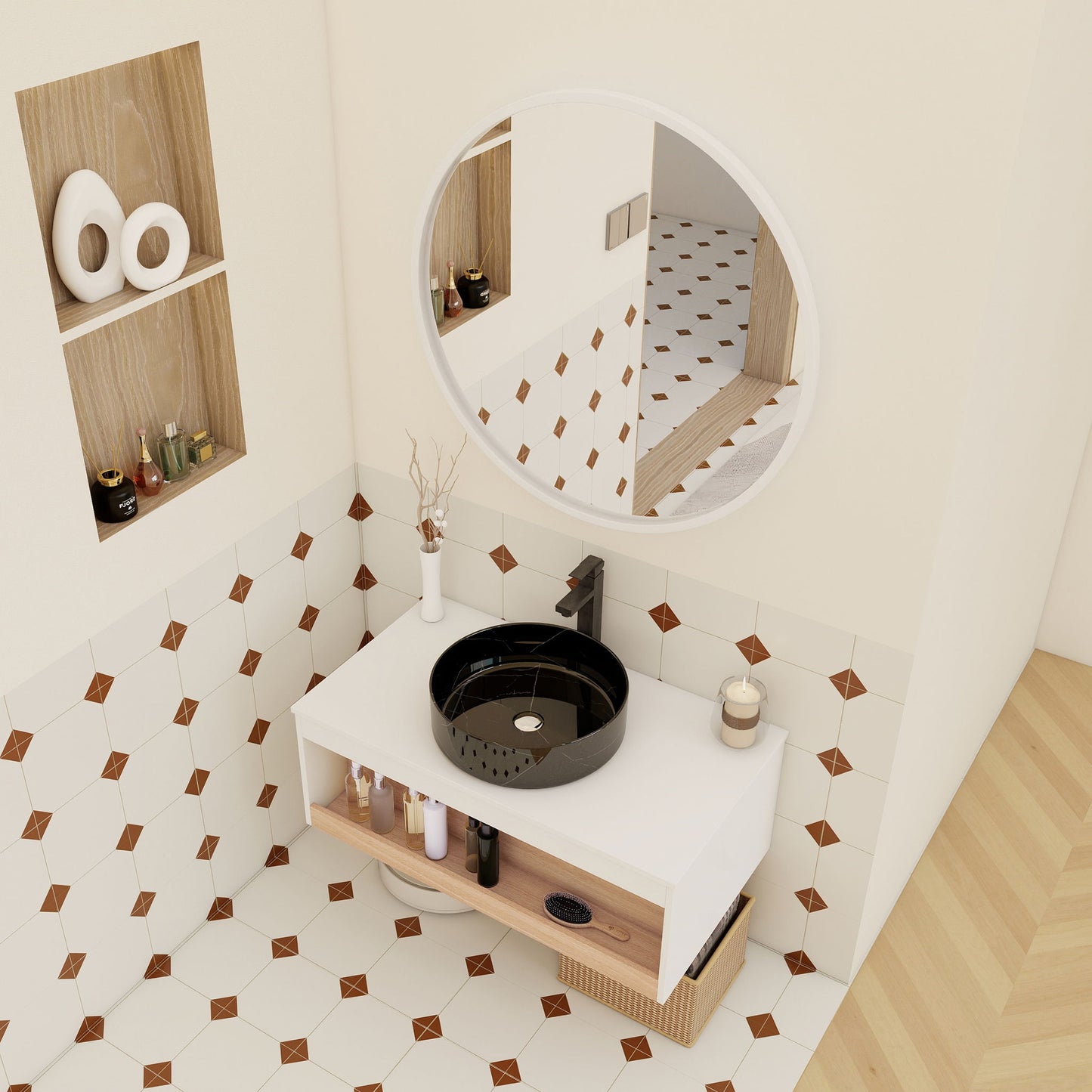 Floating Bathroom Vanity With Vessel Sink With Open Shelf Storage