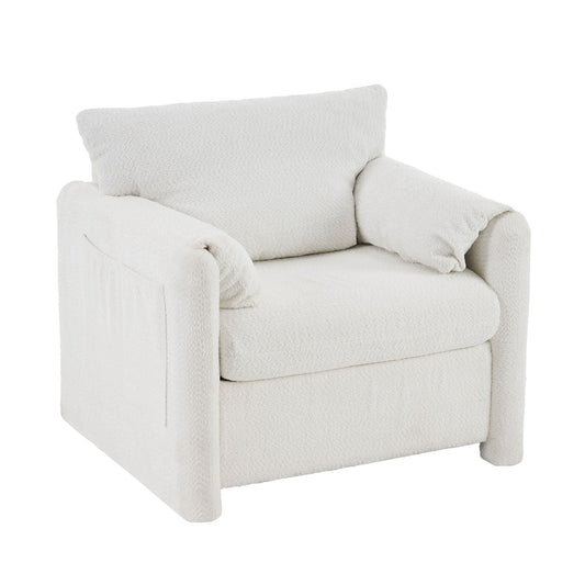 Fixed Modern Accent Chair Single Seater Plush Chenille Lounge Chair With High Resilience Cushion - Ivory White
