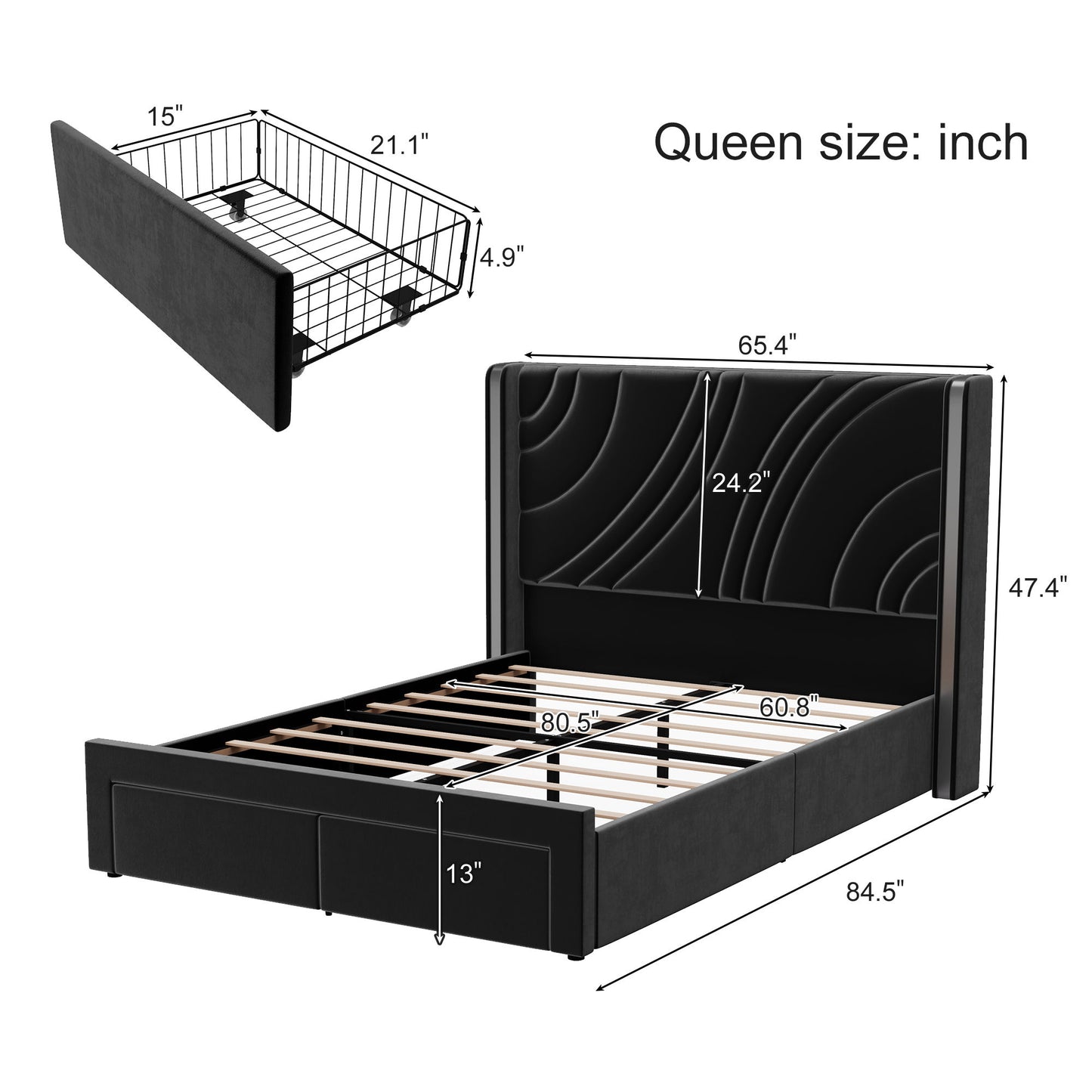 Modern Upholstered LED Bed Frame With Storage Drawers, Wingback Headboard, RGB Light