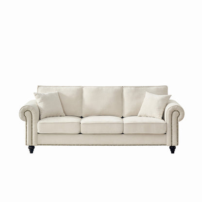 3 Seater Sofa With Tufted Upholstery, Rolled Arms, Nailhead Trim