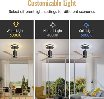 Modern Flush Mount Ceiling Fan With Led Light And Remote Control, 3 ABS Blades Noiseless Reversible Dc Motor For Patio Living Room - Matte Black