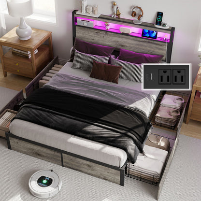 Bed Frame With Headboard, LED Lights & Charging Station