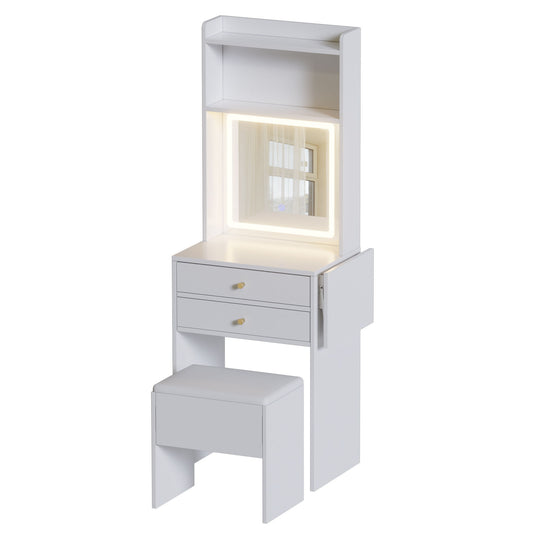 Contemporary Small Space Vanity Table Set With Adjustable Lighted Mirror And Storage Chair - White