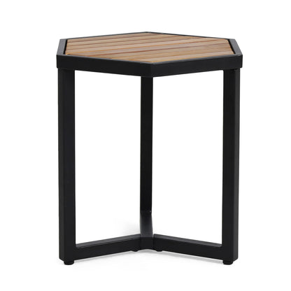 Outdoor Side Table With Iron Base And Slatted Top - Brown