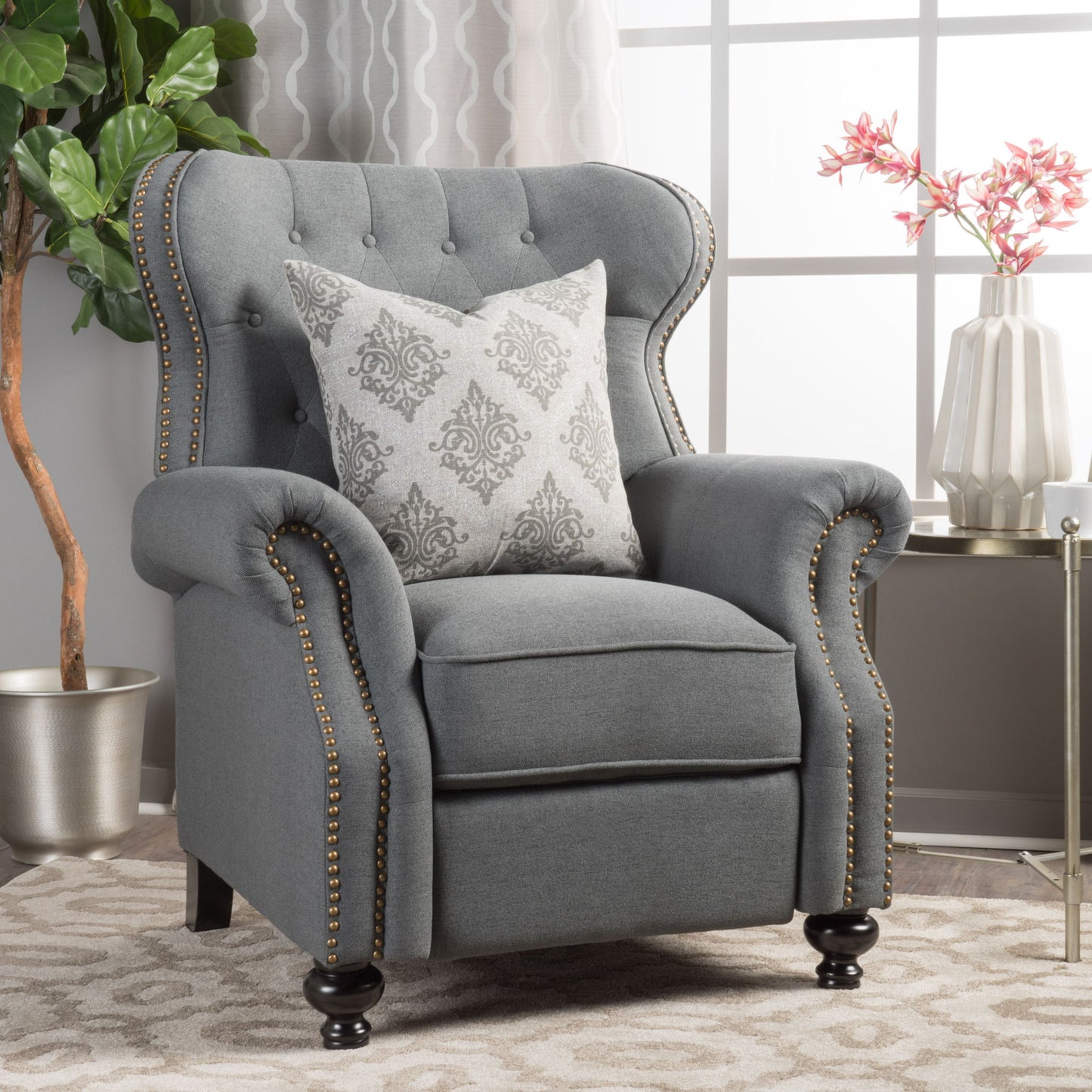 Accented Push Back Recliner Chair With Rolled Arms, Enjoy Cocooning Comfort